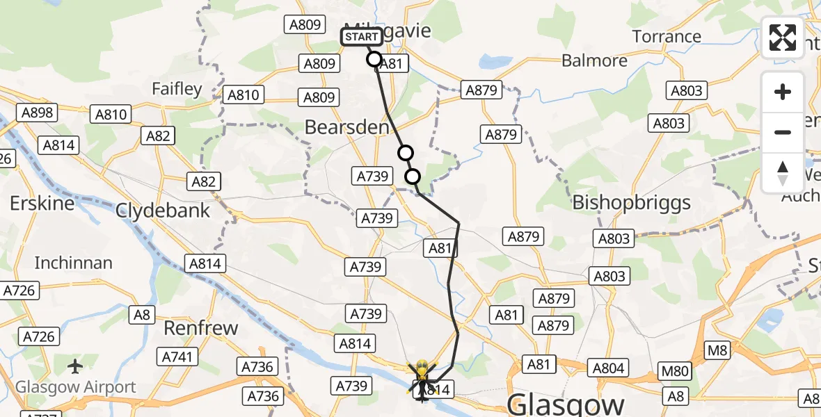 Flight route Police Helicopter Milngavie - Glasgow, 16 October 2026, 10:59