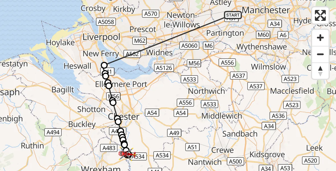 Flight route Air Ambulance Helicopter Manchester Barton Aerodrome - Farndon, 16 October 2026, 11:03