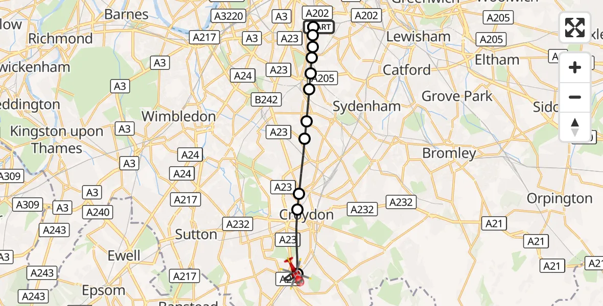 Flight route Air Ambulance Helicopter Kings College London Hospital - Purley, 16 October 2026, 11:10