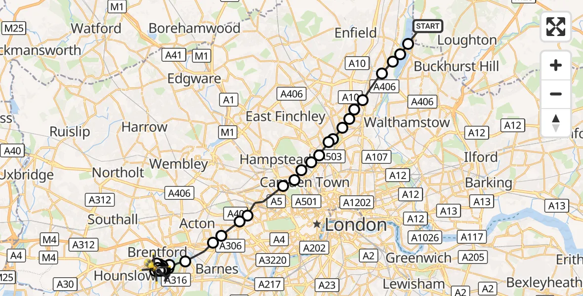 Flight route Police Helicopter Sewardstonebury - Spring Grove, 16 October 2026, 11:13