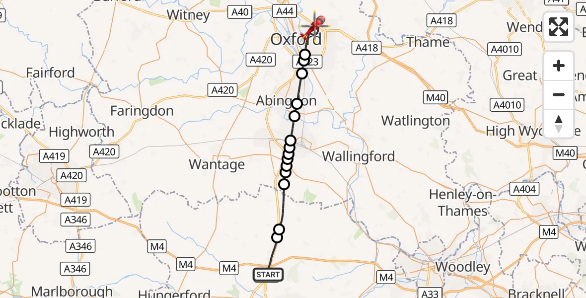 Flight route Air Ambulance Helicopter Chieveley - Oxford, 16 October 2026, 11:21