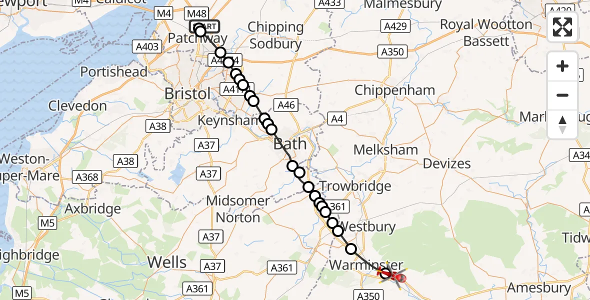 Flight route Air Ambulance Helicopter Almondsbury Helicopter Base - Norton Bavant, 16 October 2026, 11:28