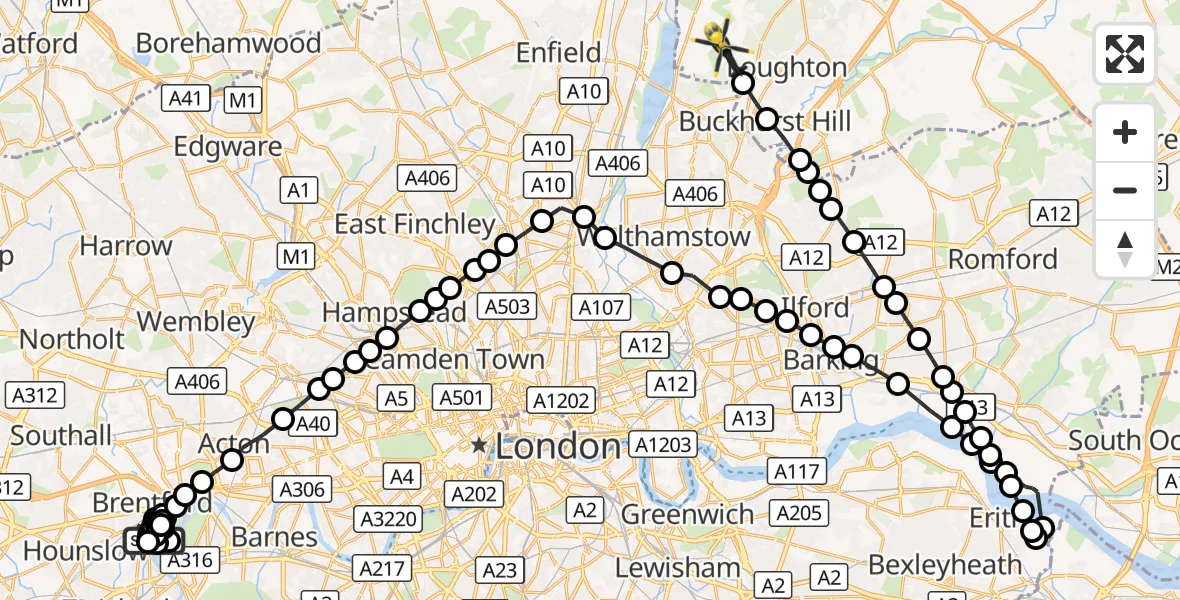 Flight route Police Helicopter Hounslow - Metropolitan Police Air Support Unit Lippitts Hill, 16 October 2026, 11:34