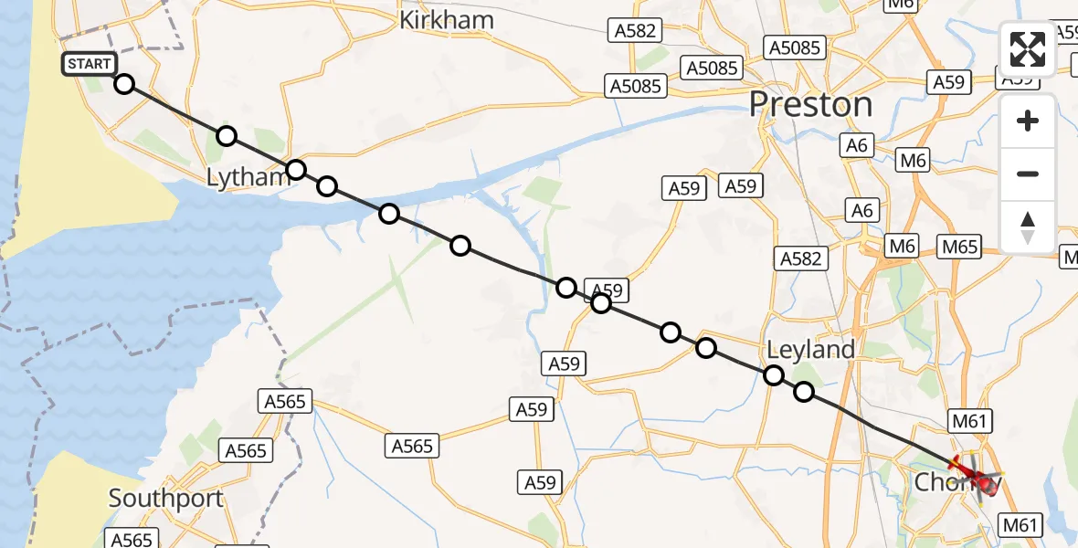 Flight route Air Ambulance Helicopter Blackpool Airport - Chorley, 16 October 2026, 11:34