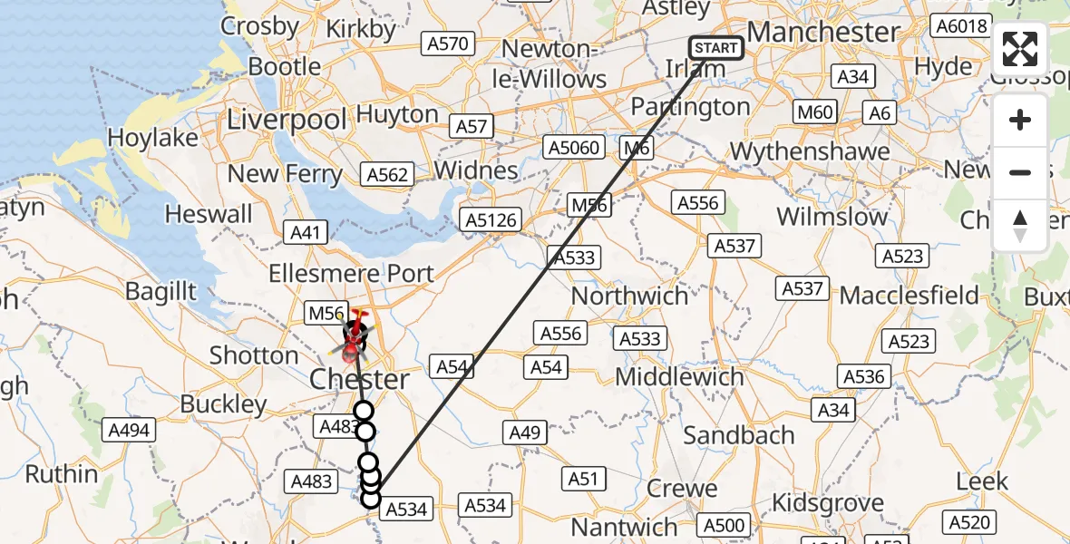 Flight route Air Ambulance Helicopter Manchester Barton Aerodrome - Moston, 16 October 2026, 11:37