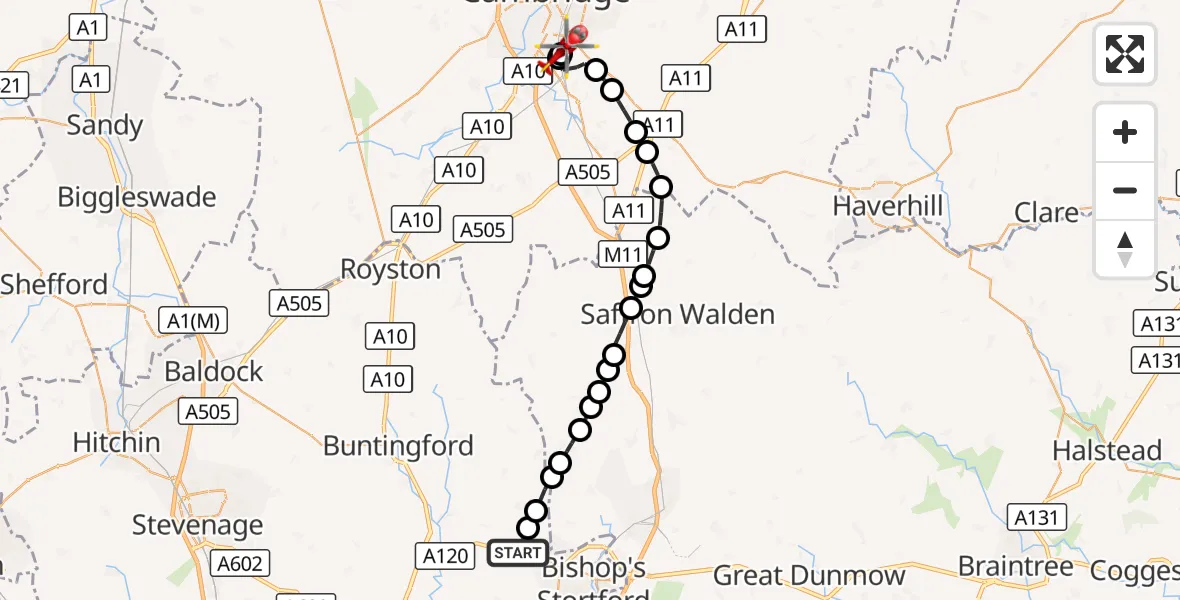 Flight route Air Ambulance Helicopter Little Hadham - Papworth Hospital, 16 October 2026, 11:42