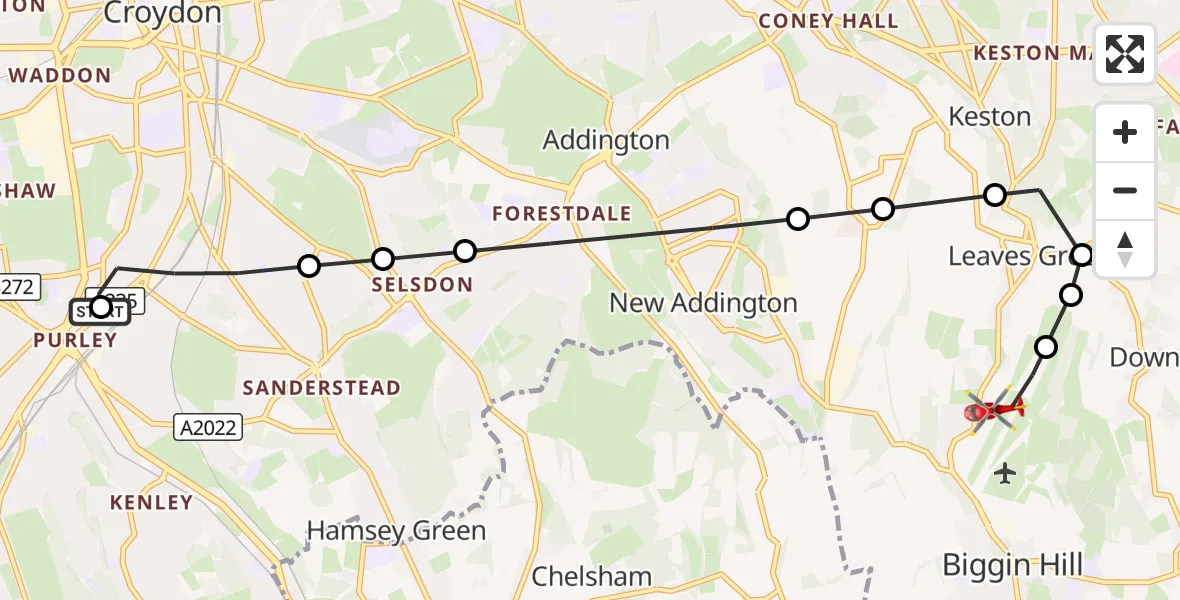 Flight route Air Ambulance Helicopter Purley - London Biggin Hill Airport, 16 October 2026, 11:51