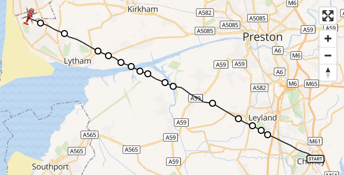 Flight route Air Ambulance Helicopter Chorley - Blackpool Airport, 16 October 2026, 12:08