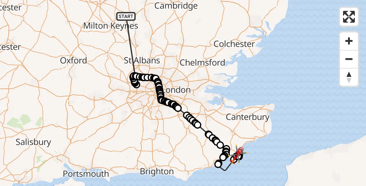 Flight route Air Ambulance Helicopter Stagsden - Lydd London Ashford Airport, 16 October 2026, 12:09