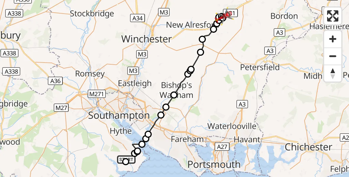 Flight route Air Ambulance Helicopter Blackfield - Medstead, 16 October 2026, 12:17