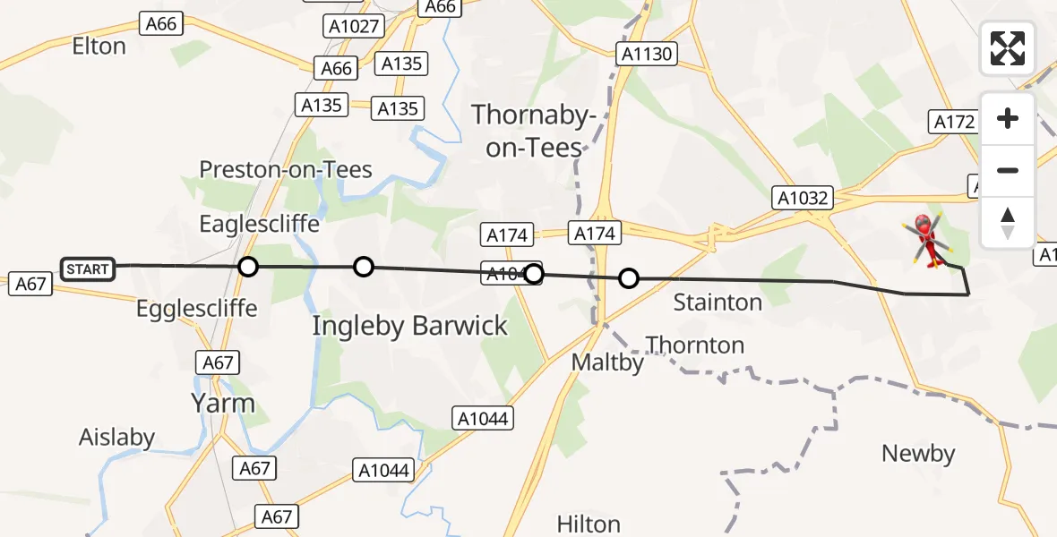 Flight route Air Ambulance Helicopter Egglescliffe - Middlesbrough, 16 October 2026, 12:20