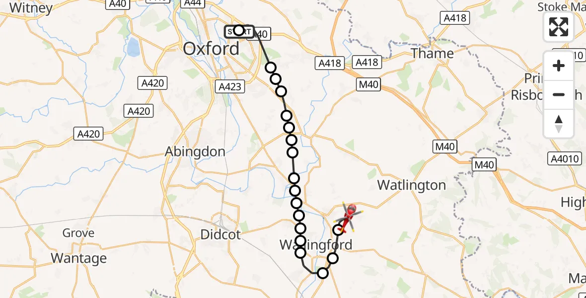 Flight route Air Ambulance Helicopter John Radcliffe Hospital - RAF Benson, 16 October 2026, 12:25