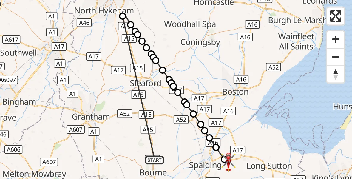 Flight route Air Ambulance Helicopter Morton - Moulton, 16 October 2026, 12:25