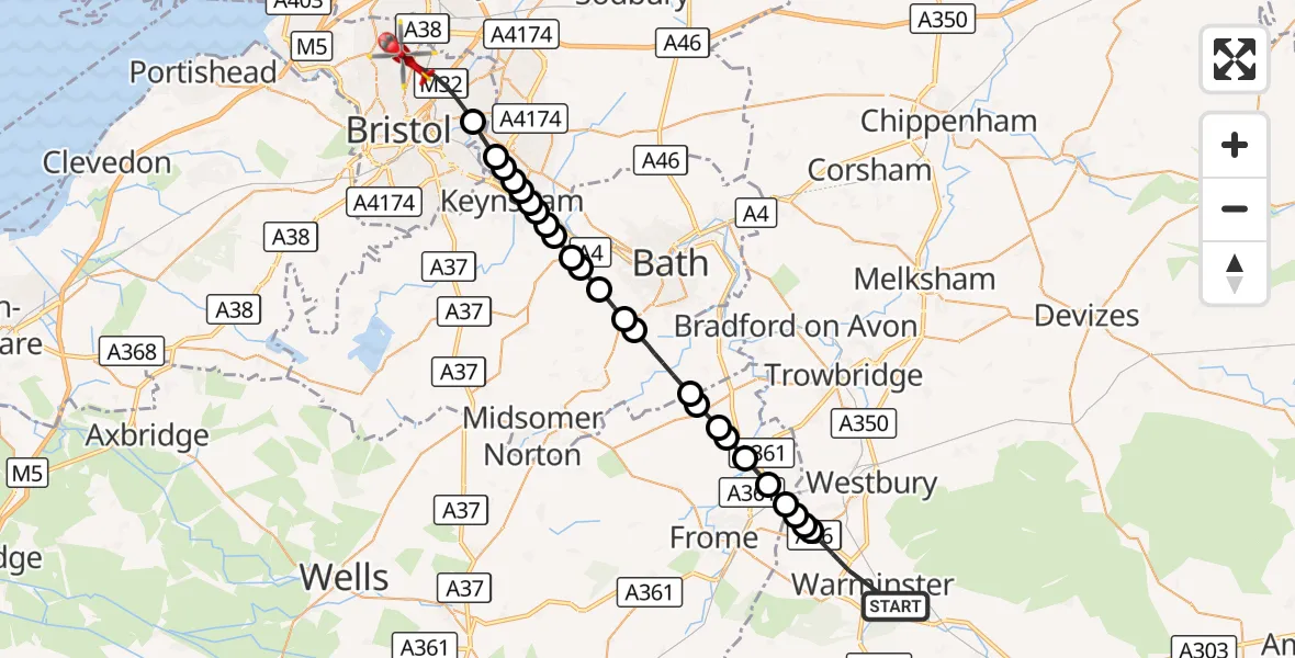 Flight route Air Ambulance Helicopter Warminster - Bristol, 16 October 2026, 12:26