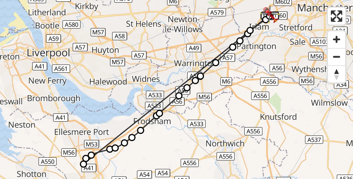 Flight route Air Ambulance Helicopter Manchester Barton Aerodrome - Irlam, 16 October 2026, 12:37