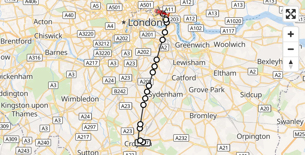 Flight route Air Ambulance Helicopter Broad Green - Royal London Hospital, 16 October 2026, 12:51