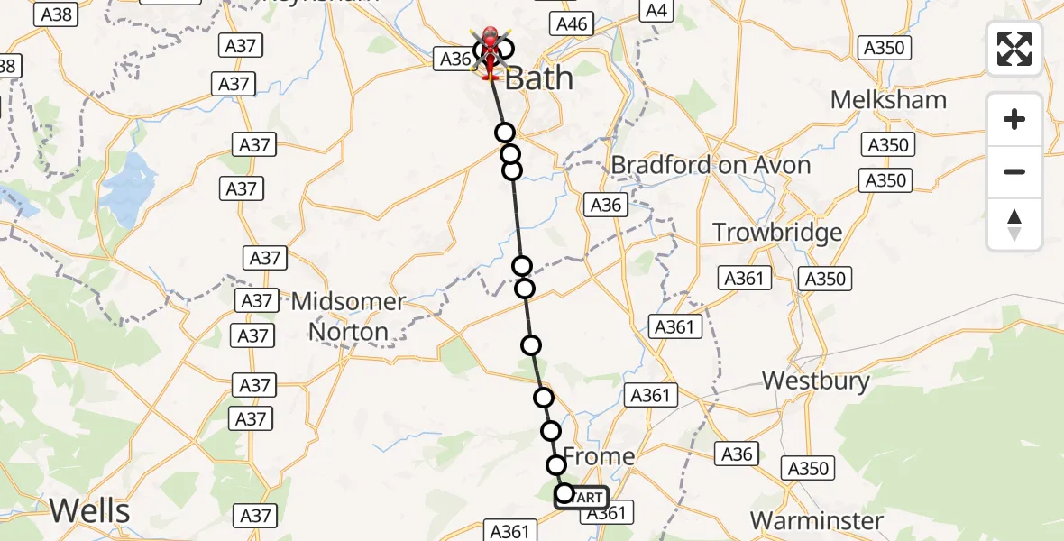 Flight route Air Ambulance Helicopter Frome - Royal United Hospital Bath, 16 October 2026, 12:52
