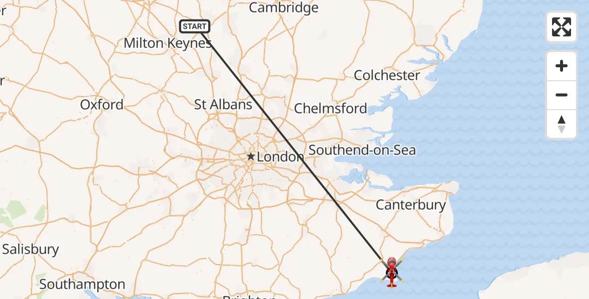 Flight route Air Ambulance Helicopter Stagsden - Lydd London Ashford Airport, 16 October 2026, 13:03