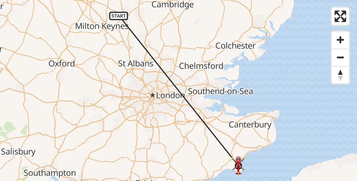 Flight route Air Ambulance Helicopter Stagsden - Lydd London Ashford Airport, 16 October 2026, 13:05