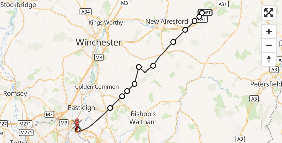 Flight route Air Ambulance Helicopter Winchester - Southampton Airport, 16 October 2026, 13:16