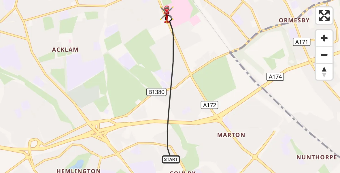 Flight route Air Ambulance Helicopter Middlesbrough - James Cook University Hospital, 16 October 2026, 13:21