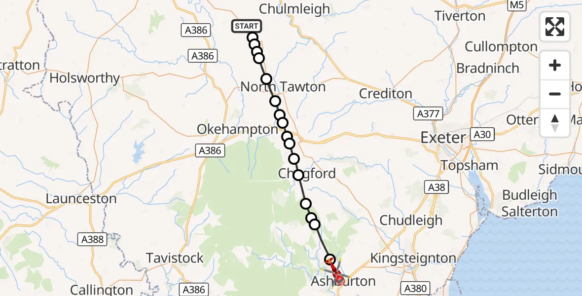 Flight route Air Ambulance Helicopter Winkleigh - Ashburton, 16 October 2026, 13:33
