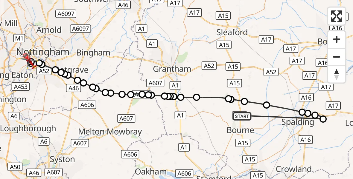 Flight route Air Ambulance Helicopter Morton - City of Nottingham, 16 October 2026, 13:38