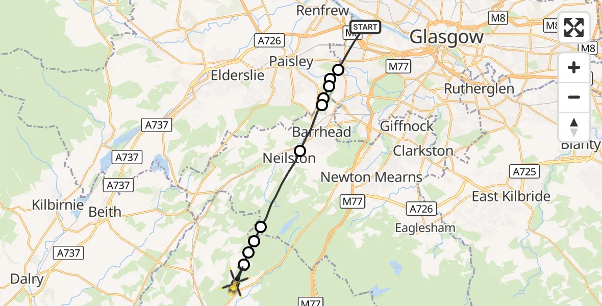 Flight route Police Helicopter Glasgow - Kingsford, 16 October 2026, 13:45