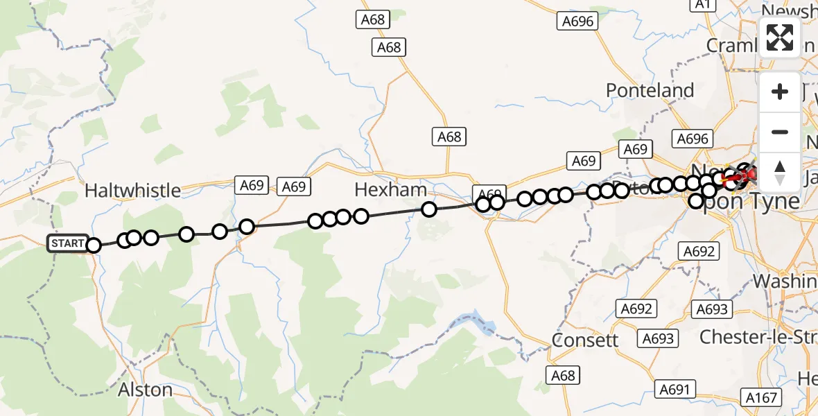 Flight route Air Ambulance Helicopter Halton Lea Gate - Newcastle Royal Victoria Infirmary, 16 October 2026, 13:47