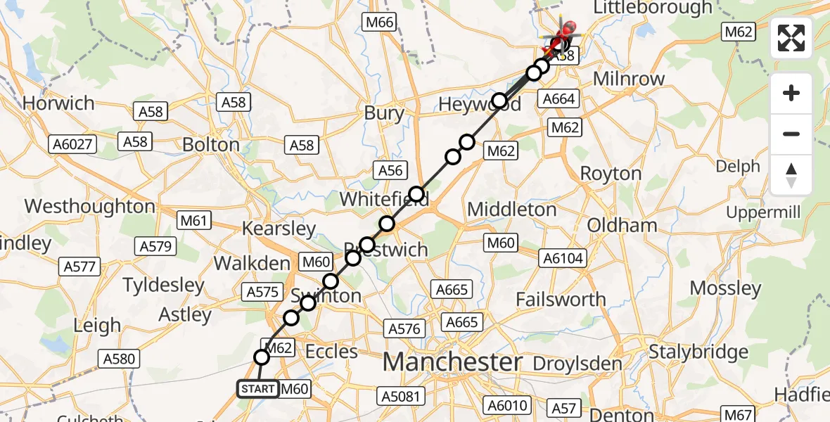 Flight route Air Ambulance Helicopter Manchester Barton Aerodrome - Rochdale, 16 October 2026, 14:00