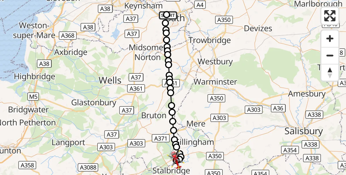 Flight route Air Ambulance Helicopter Royal United Hospital Bath - Henstridge Airfield, 16 October 2026, 14:04