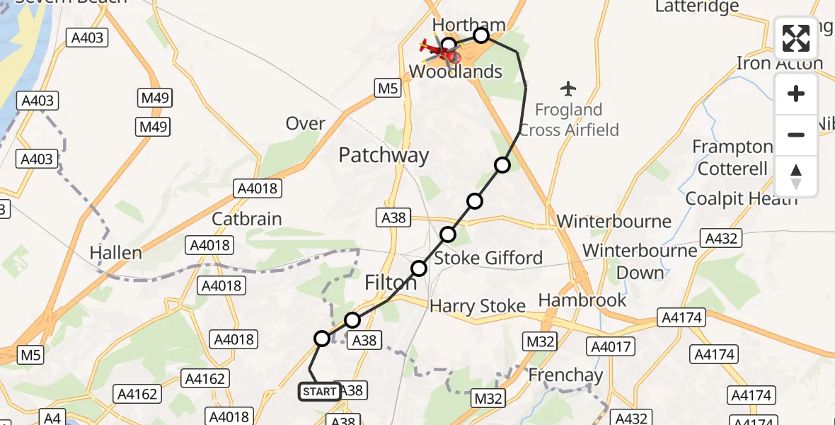 Flight route Air Ambulance Helicopter Southmead Hospital - Almondsbury Helicopter Base, 16 October 2026, 14:08