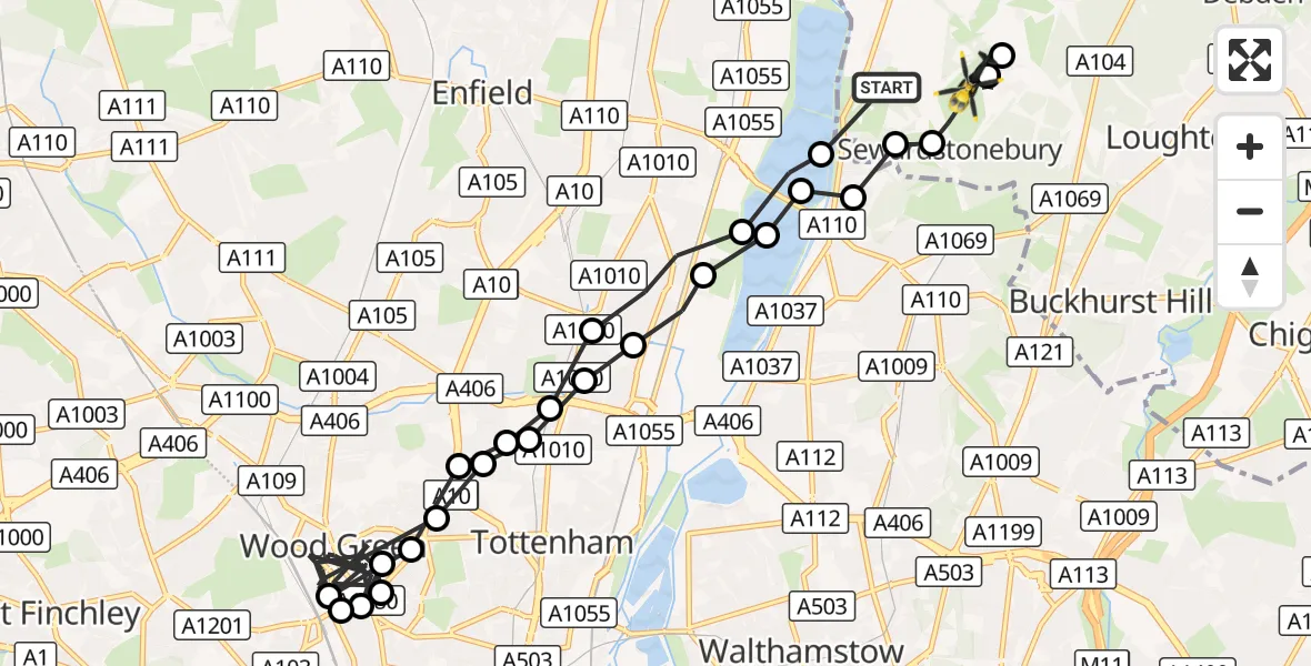 Flight route Police Helicopter Chingford - Sewardstonebury, 16 October 2026, 14:15