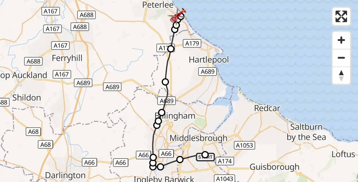 Flight route Air Ambulance Helicopter James Cook University Hospital - Blackhall Rocks, 16 October 2026, 14:16