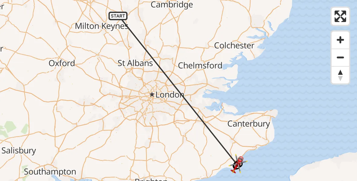 Flight route Air Ambulance Helicopter Stagsden - Lydd London Ashford Airport, 16 October 2026, 14:17