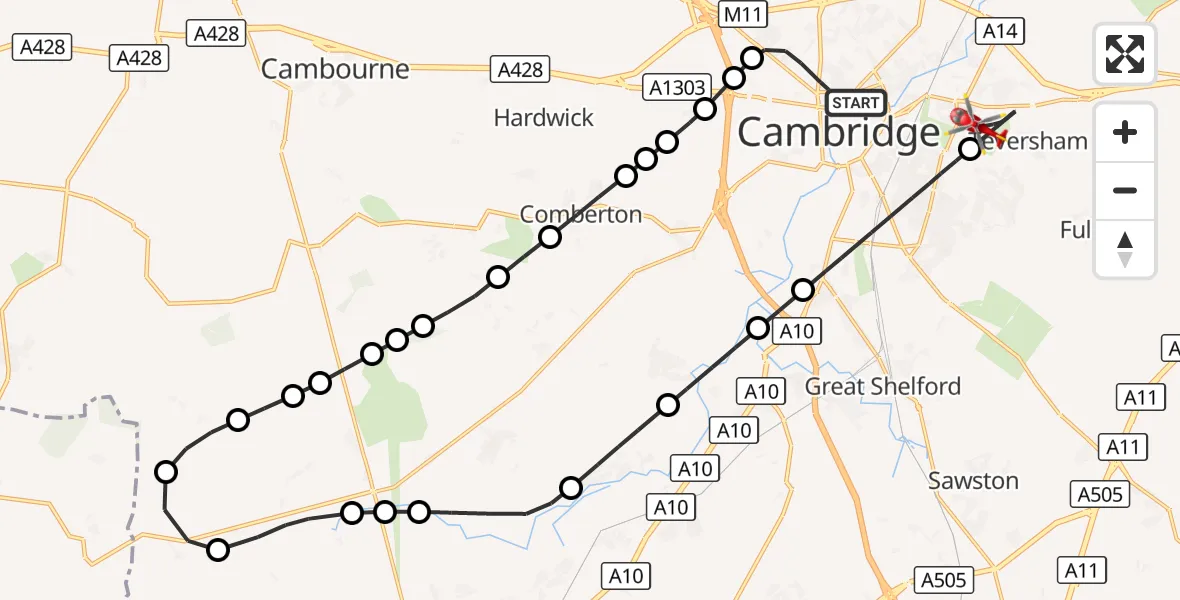 Flight route Air Ambulance Helicopter Cambridge - Cambridge City Airport, 16 October 2026, 14:38