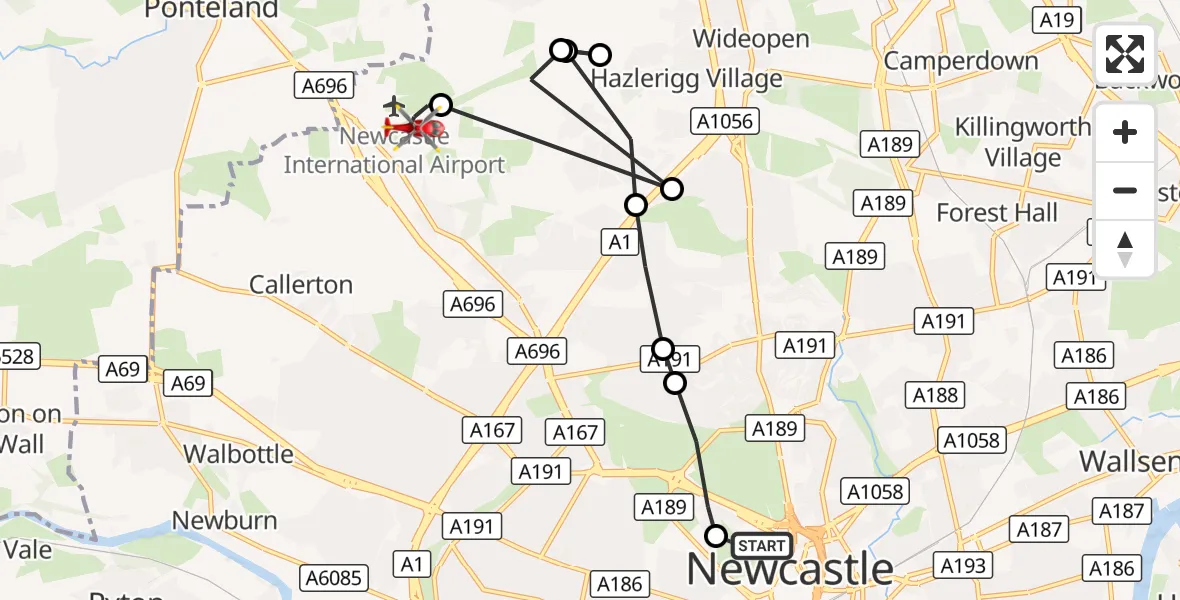 Flight route Air Ambulance Helicopter Newcastle Royal Victoria Infirmary - Newcastle International Airport, 16 October 2026, 14:45