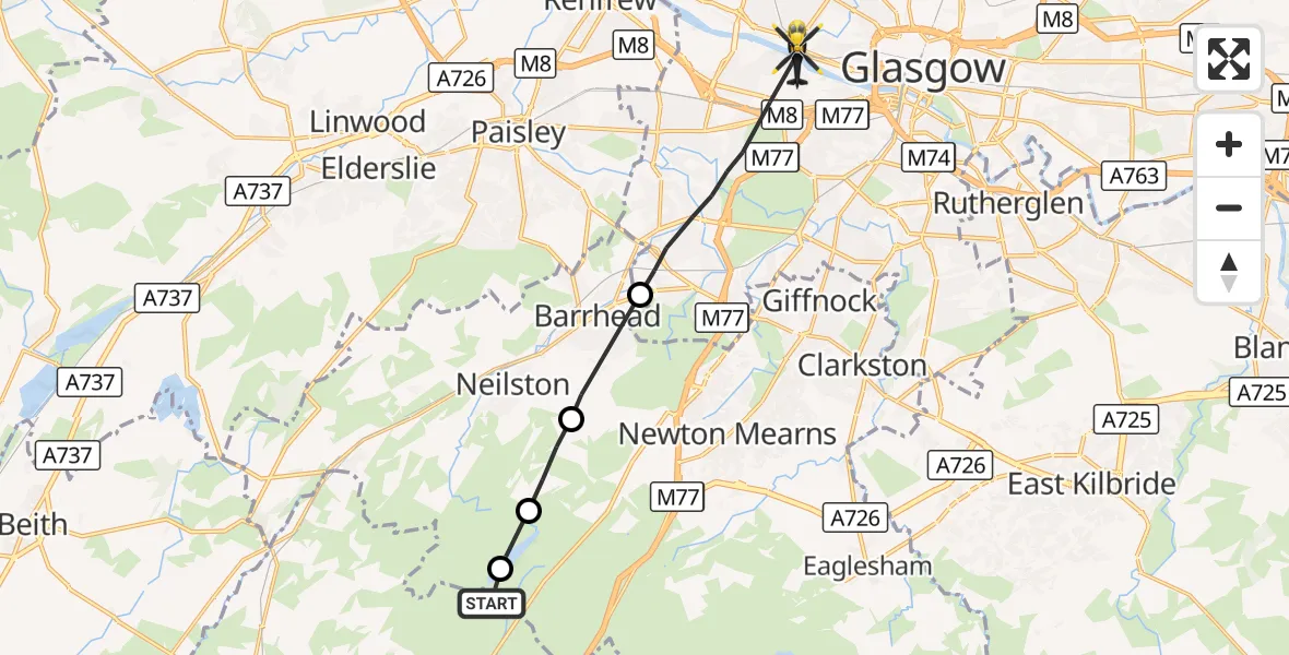 Flight route Police Helicopter East Ayrshire - Glasgow, 16 October 2026, 14:54
