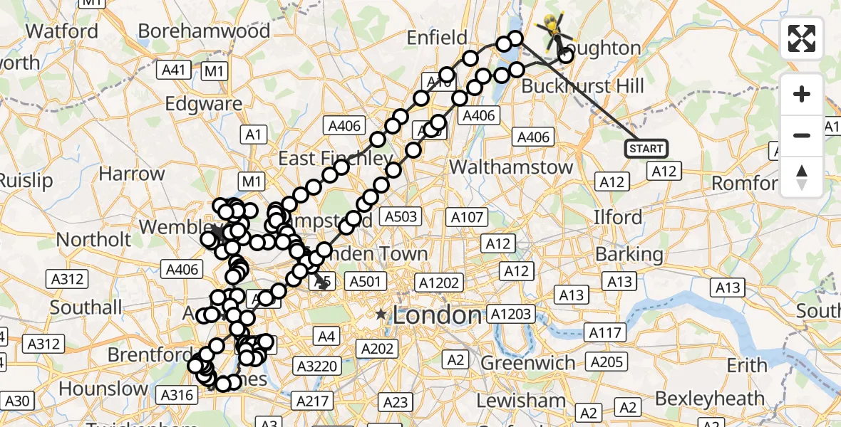 Flight route Police Helicopter Hainault - Sewardstonebury, 16 October 2026, 14:57