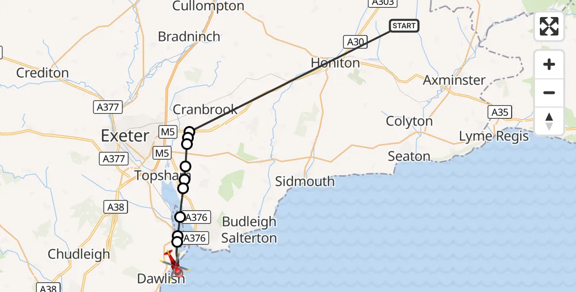 Flight route Air Ambulance Helicopter Stockland - Dawlish, 16 October 2026, 14:57