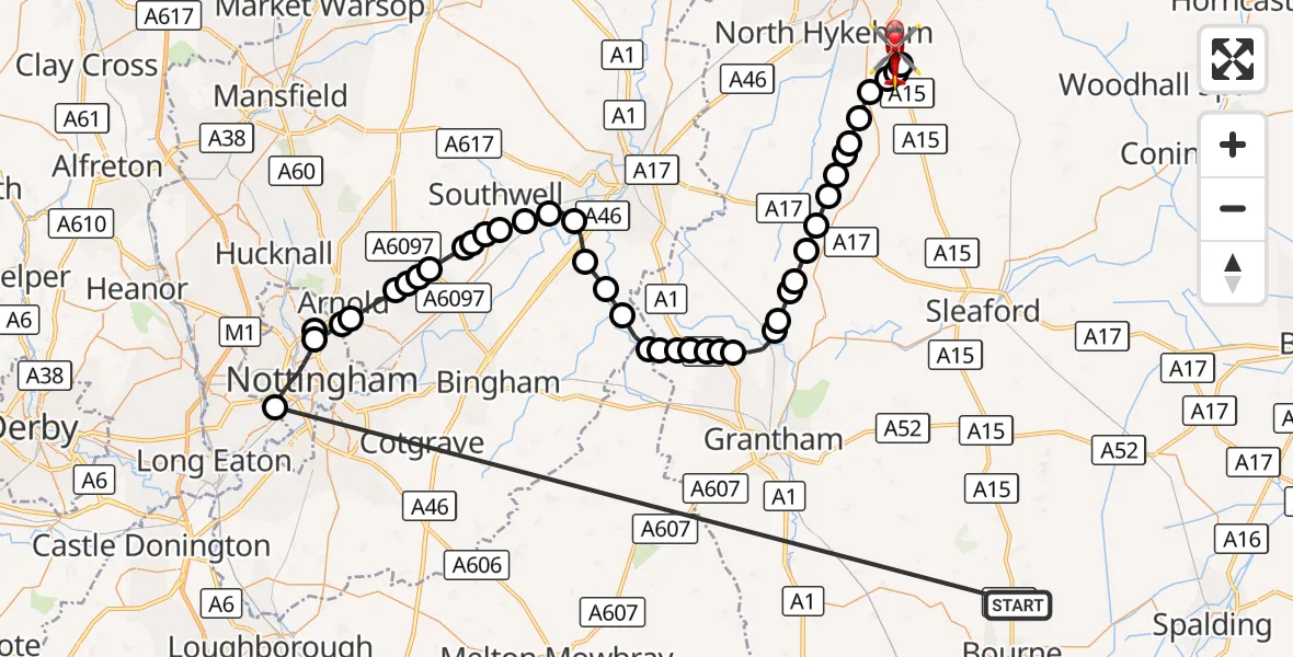 Flight route Air Ambulance Helicopter Morton - North Kesteven, 16 October 2026, 15:05