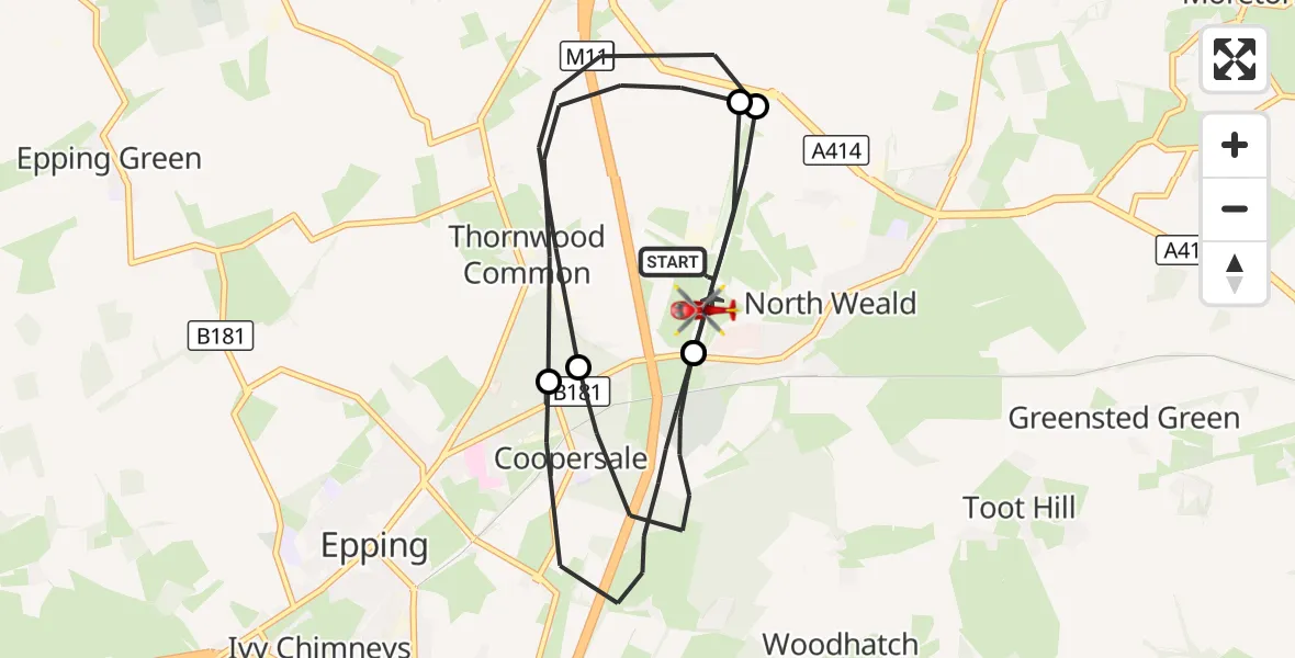 Flight route Air Ambulance Helicopter North Weald Airfield - North Weald Airfield, 16 October 2026, 15:14