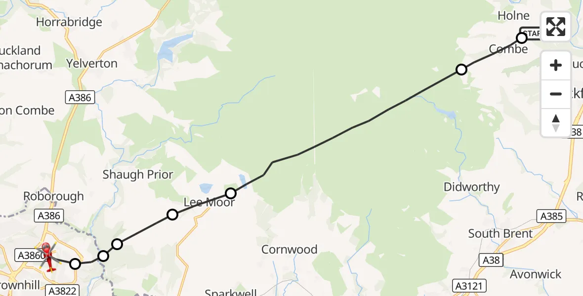Flight route Air Ambulance Helicopter Holne - Derriford Hospital, 16 October 2026, 15:15