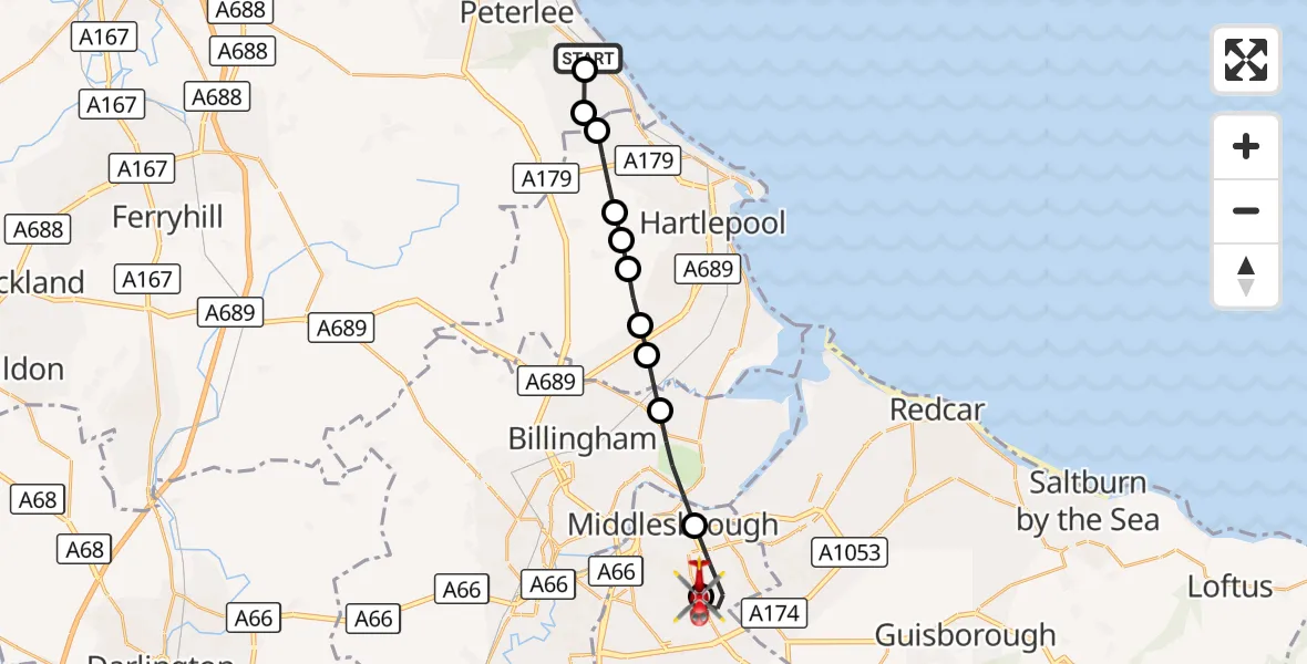 Flight route Air Ambulance Helicopter Hartlepool - James Cook University Hospital, 16 October 2026, 15:21