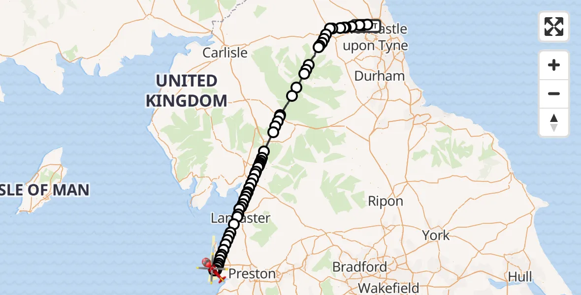 Flight route Air Ambulance Helicopter Newcastle International Airport - Blackpool Airport, 16 October 2026, 15:26