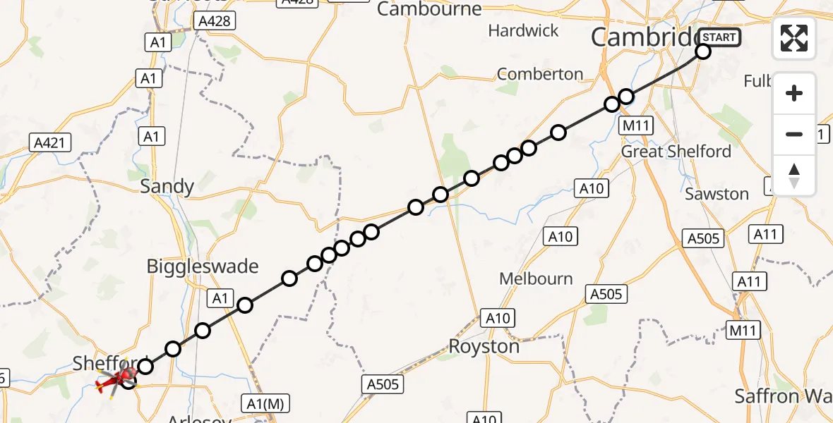 Flight route Air Ambulance Helicopter Cambridge City Airport - Shefford, 16 October 2026, 15:29