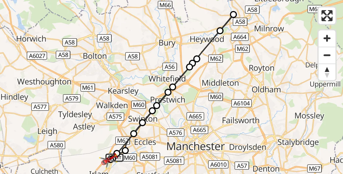 Flight route Air Ambulance Helicopter Manchester Barton Aerodrome - Eccles, 16 October 2026, 15:31