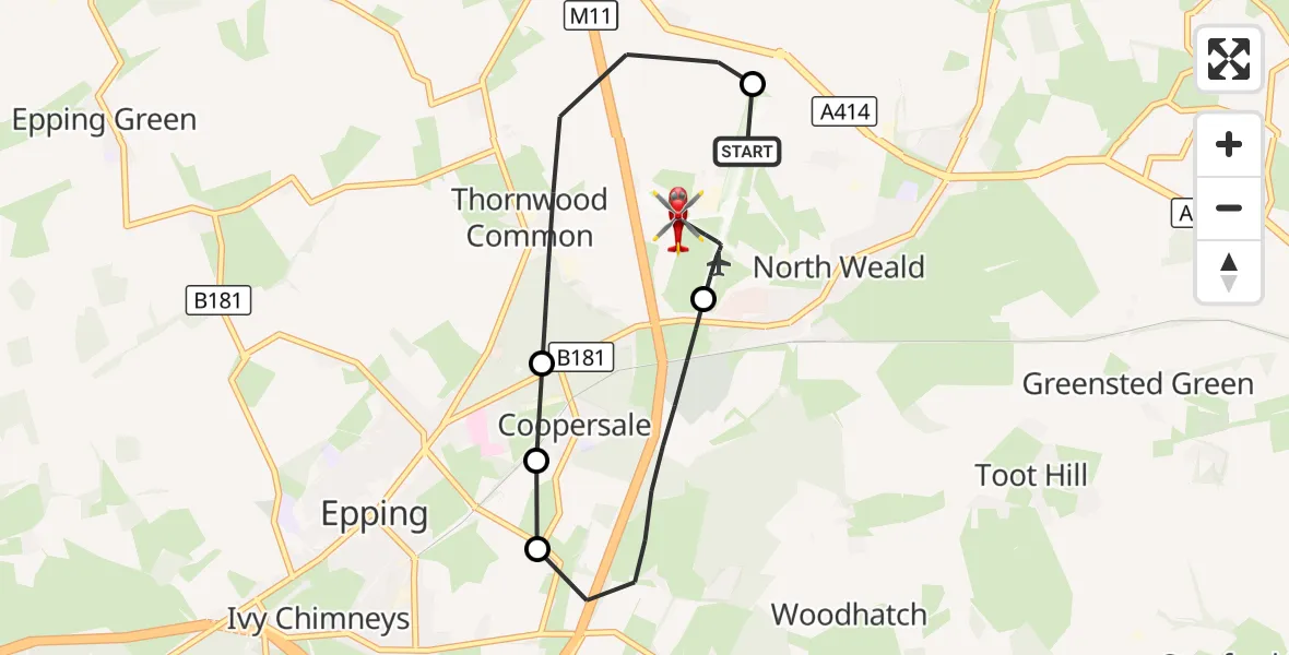 Flight route Air Ambulance Helicopter North Weald Airfield - North Weald Airfield, 16 October 2026, 15:33
