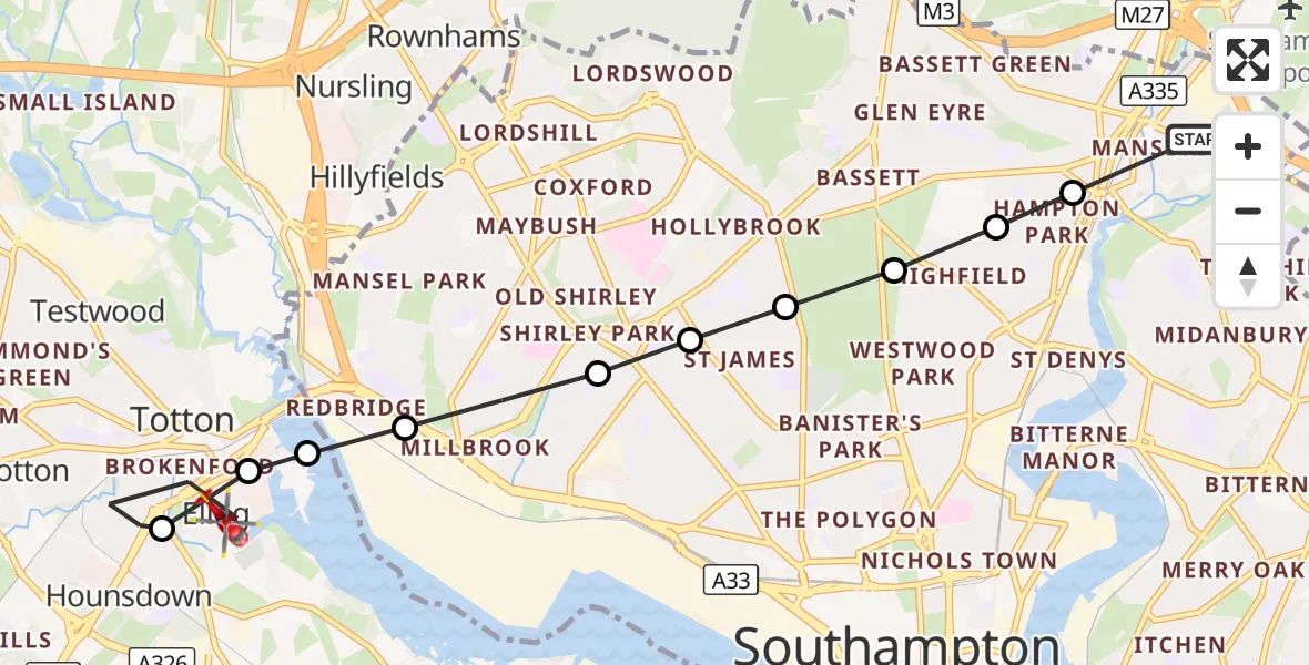 Flight route Air Ambulance Helicopter Mansbridge - Hounsdown, 16 October 2026, 15:39