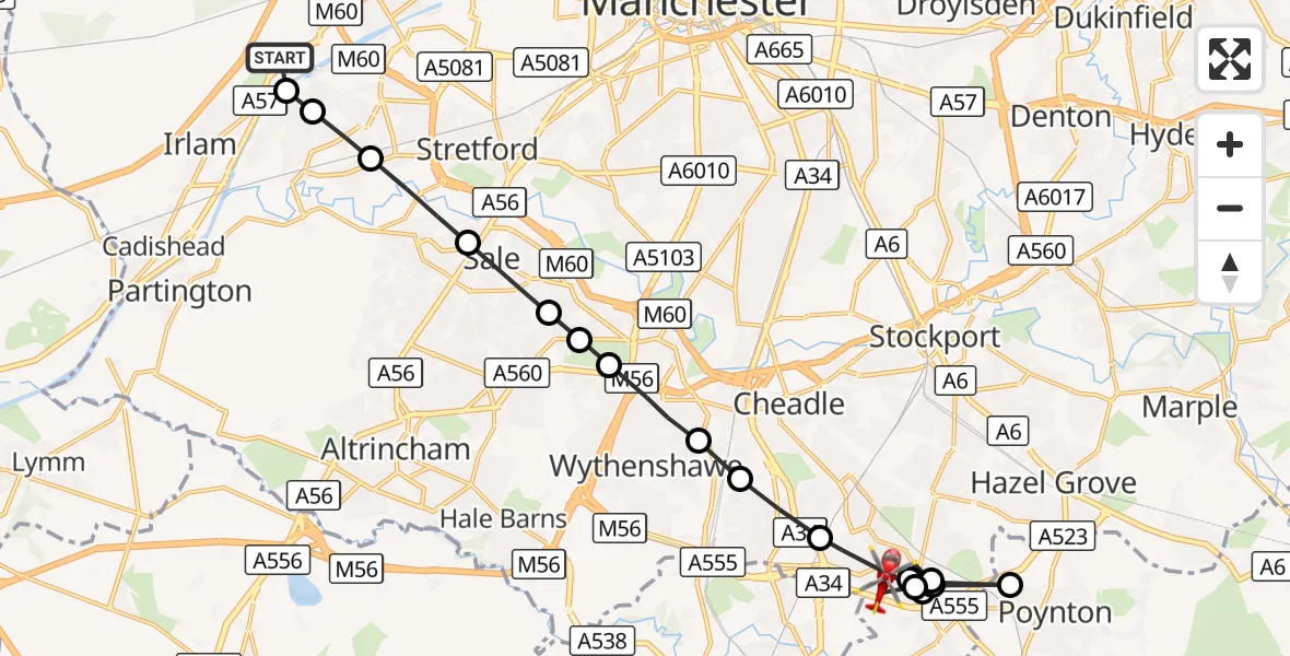 Flight route Air Ambulance Helicopter Manchester Barton Aerodrome - Cheadle Hulme, 16 October 2026, 15:40